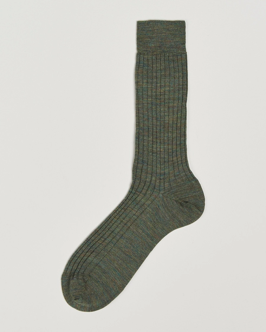 Bresciani Wool/Nylon Ribbed Short Socks Green Melange – Grün