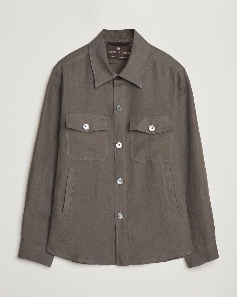 Herren | Overshirts | Oscar Jacobson | Maverick Linen Shirt Jacket Olive