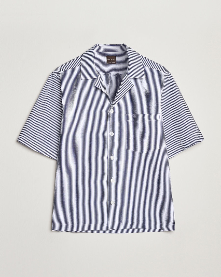 Herren | Kurzarmhemden | Oscar Jacobson | Cuban Short Sleeve Seersucker Shirt Blue/White