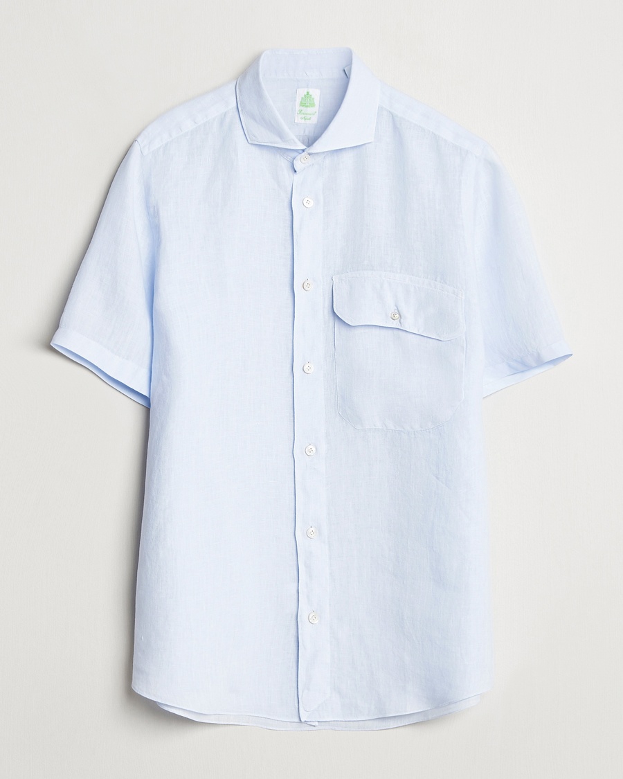 Herren | Kurzarmhemden | Finamore Napoli | Linen Short Sleeve Sport Shirt Light Blue