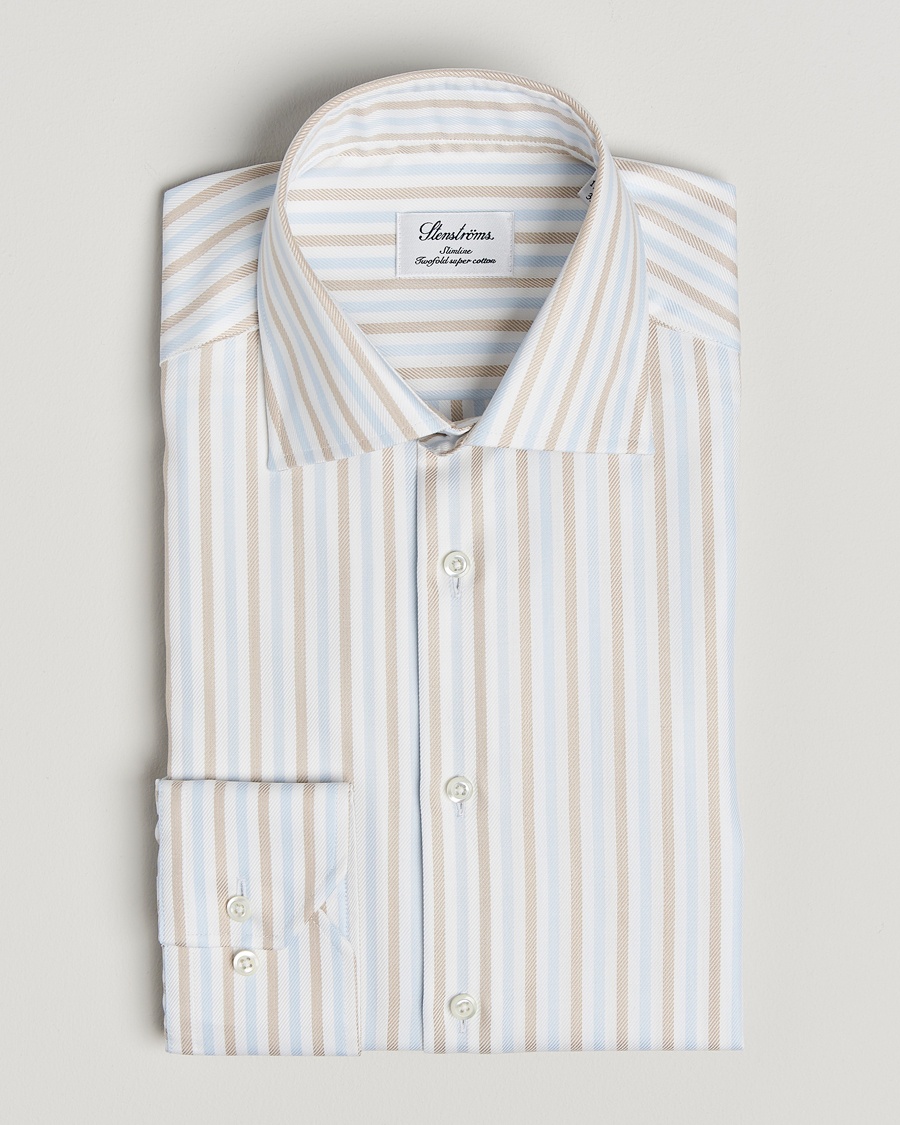Herren | | Stenströms | Slimline Multi Striped Twill Shirt Blue/Beige