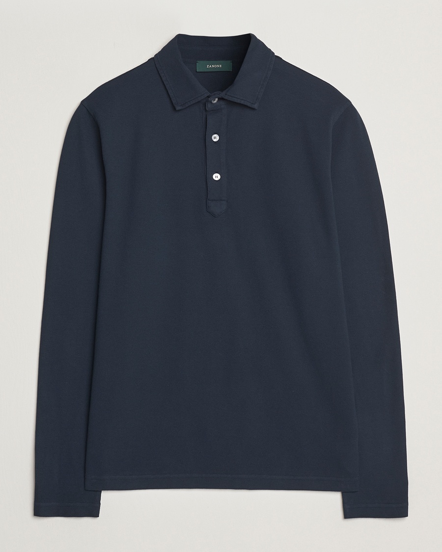Herren | | Zanone | Soft Cotton Piquet Long Sleeve Polo Navy