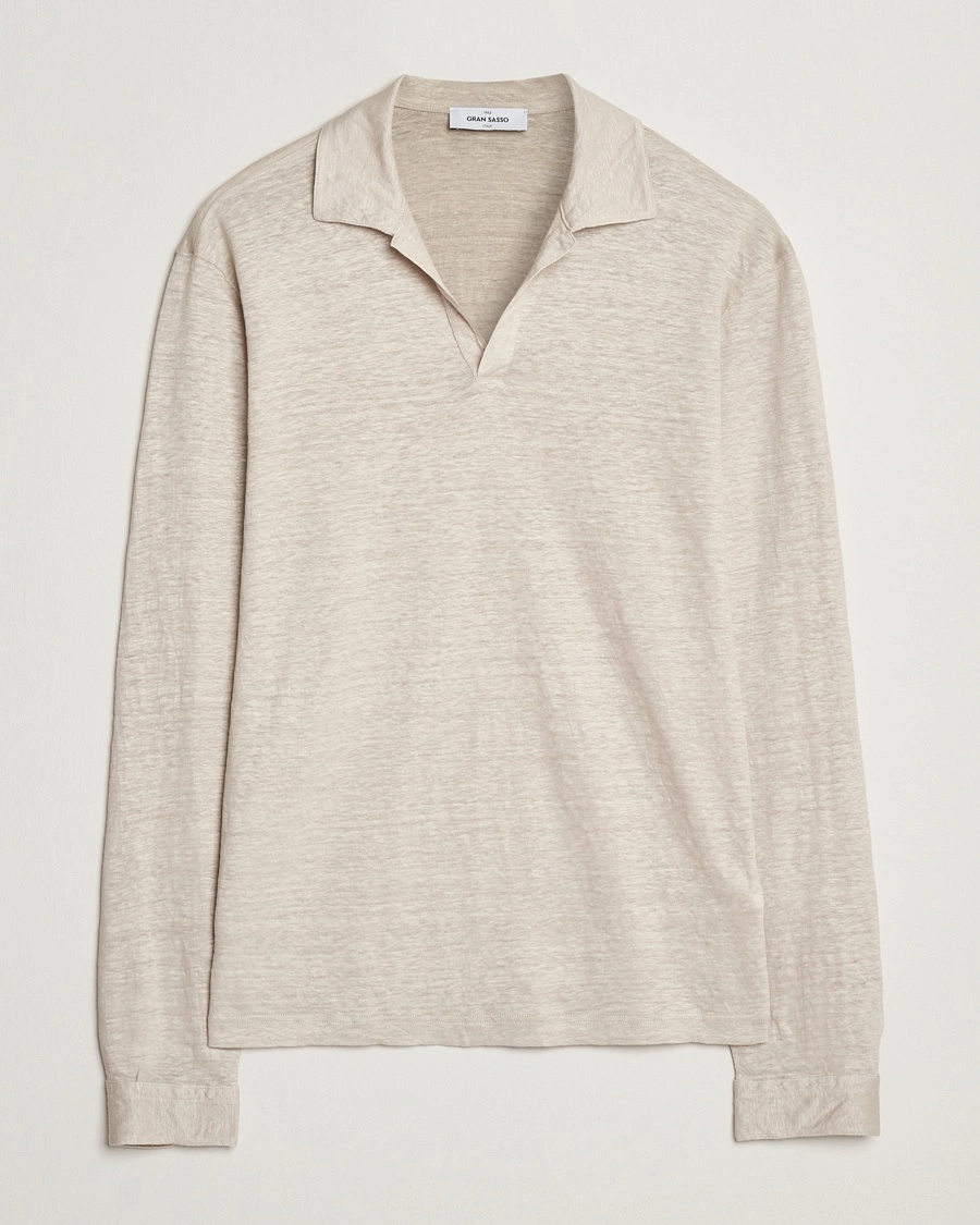 Herren | Langarm-Poloshirts | Gran Sasso | Washed Linen Long Sleeve Polo Beige Melange