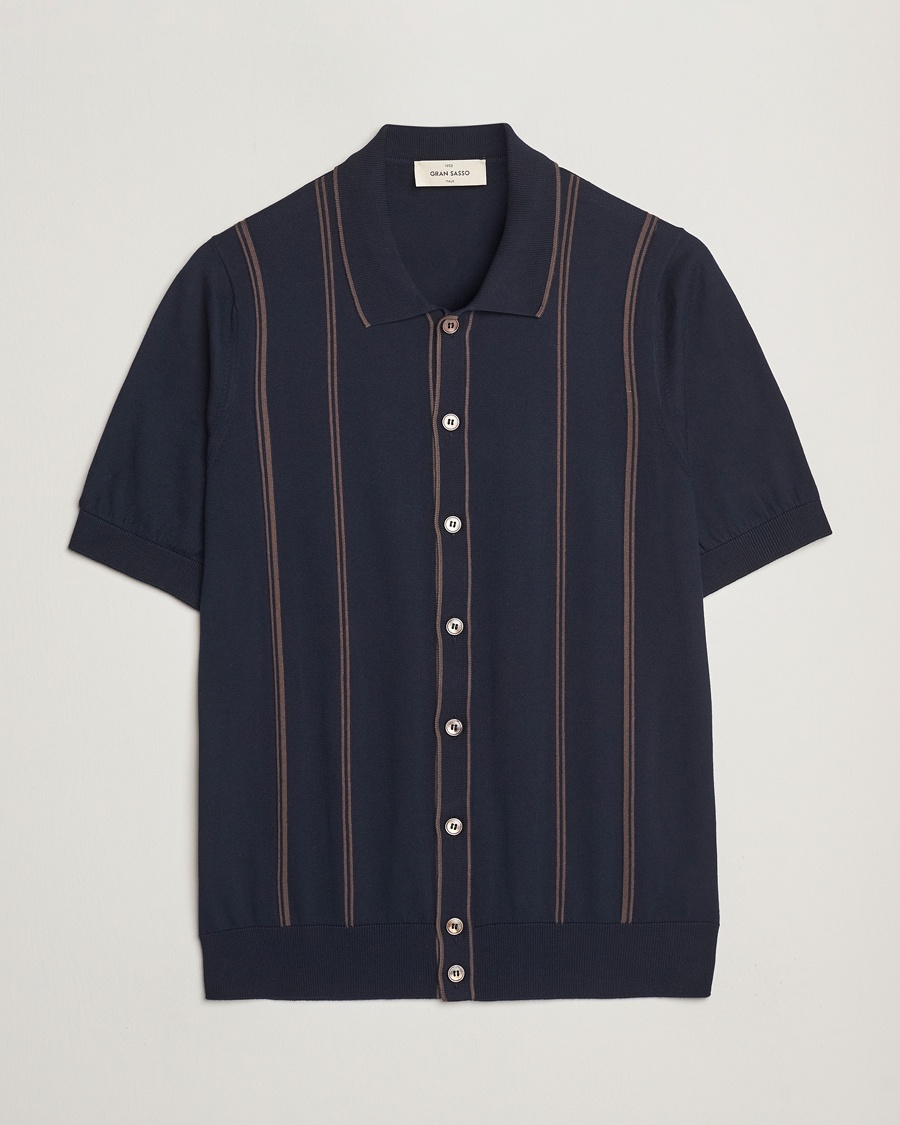 Herren | Kurzarmhemden | Gran Sasso | Cotton Knitted Striped Short Sleeve Shirt Navy