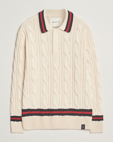 GANT Cable Heavy Knitted Polo Cream - Weiß - Besticktes polohemd - Grösse: M