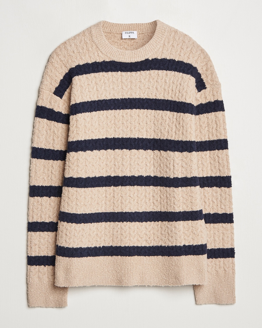 Herren | Strickpullover | Filippa K | Bouclé Knitted Striped Sweater Light Khaki/Navy