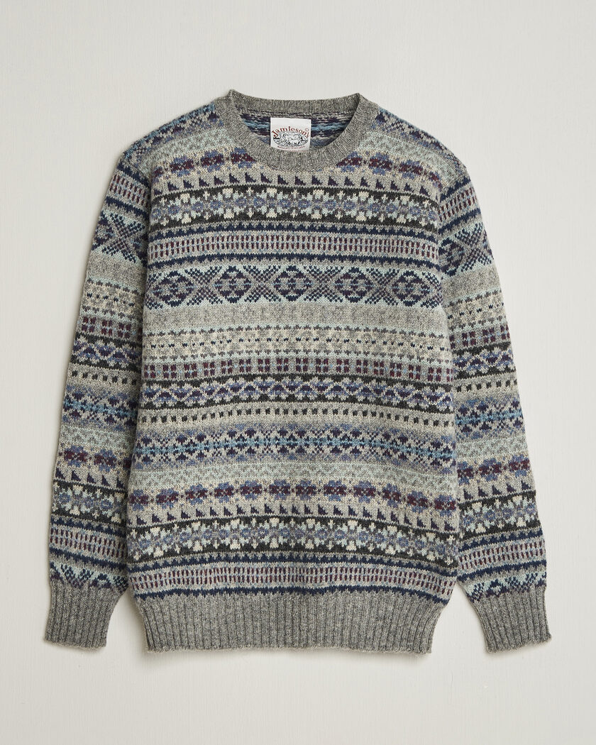 Jamieson's of Shetland Jamiesons Of Shetland All Over Fair Isle Pullover Crew Neck Light Grey – Grau