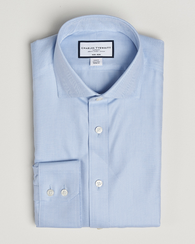 Charles Tyrwhitt Slim Fit Non Iron Herringbone Cut Away Shirt  Sky – Blau
