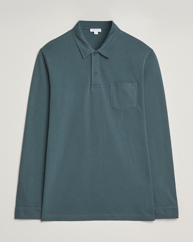 Sunspel Long Sleeve Riviera Polo Shirt Dark Petrol – Grün