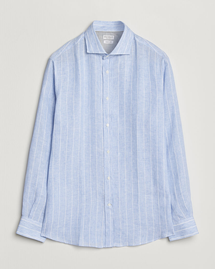 Brunello Cucinelli Easy Fit Linen Shirt Light Blue Stripe – Blau