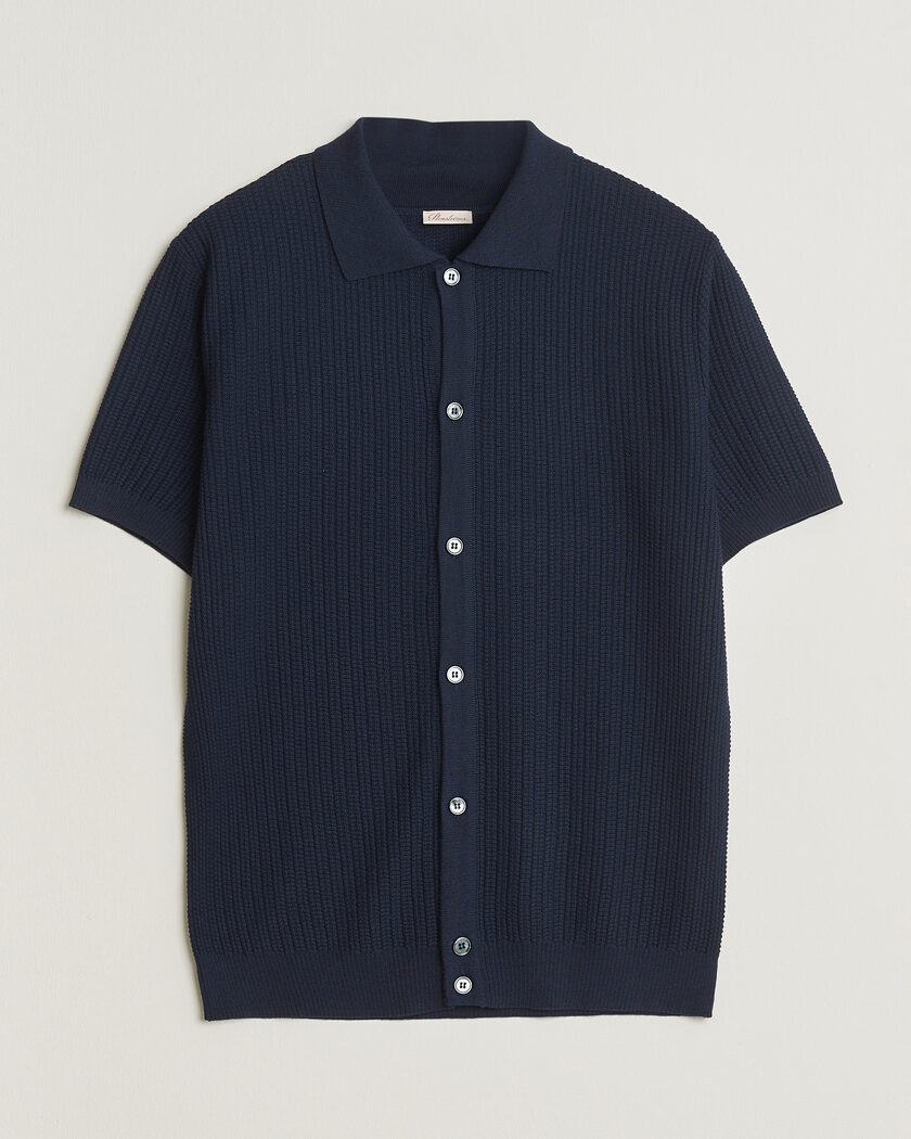 Stenströms Knitted Buttonthru Merino Polo Shirt Navy – Blau