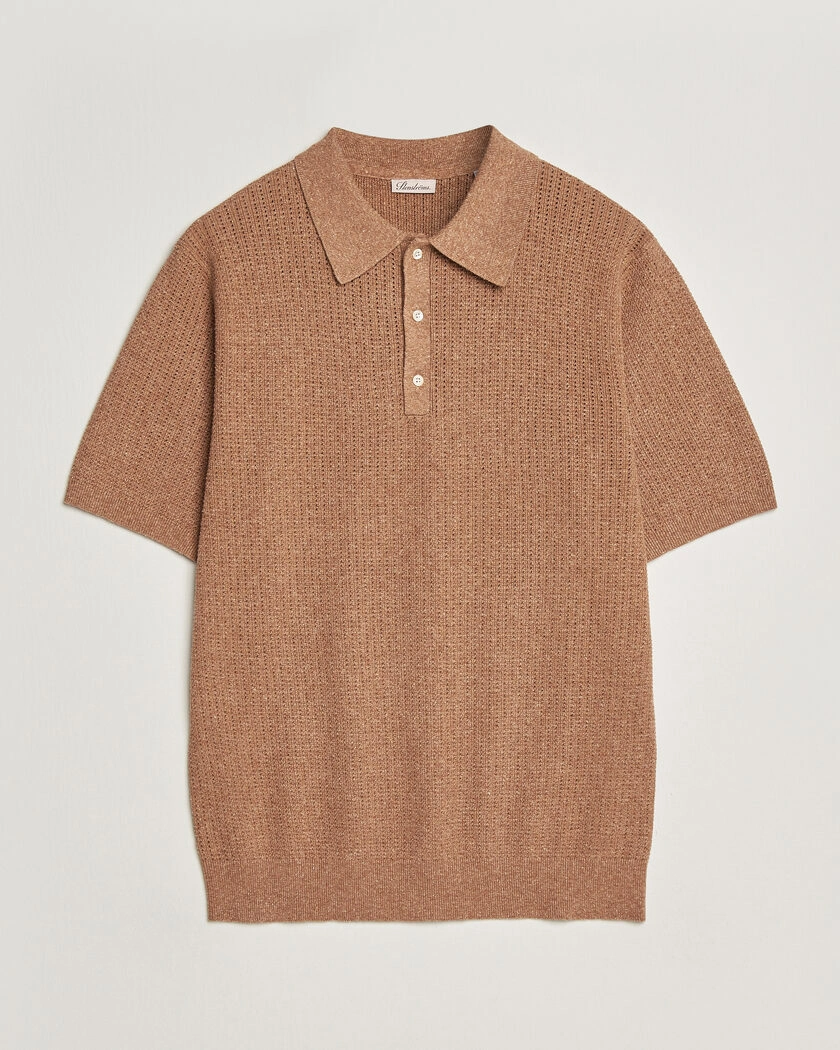 Stenströms Knitted Textured Cotton/Hemp Polo Light Brown – Braun