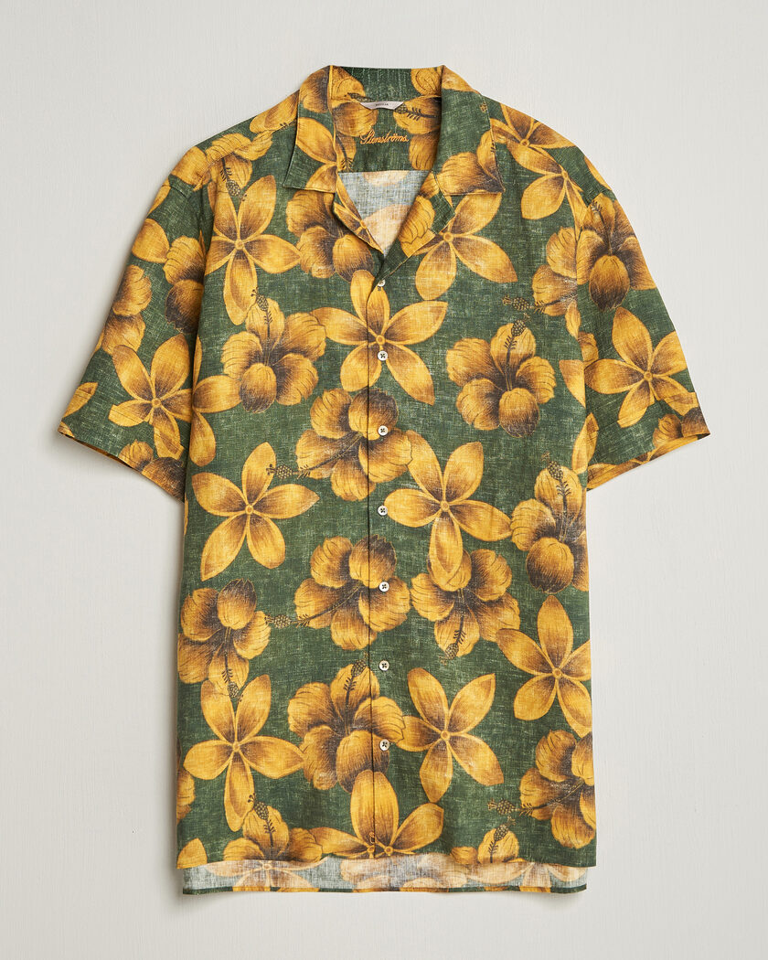 Stenströms Flower Printed Short Sleeve Linen Shirt Green – Grün