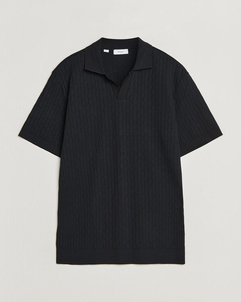 Eton Open Collar Jacquard Polo Black – Schwarz