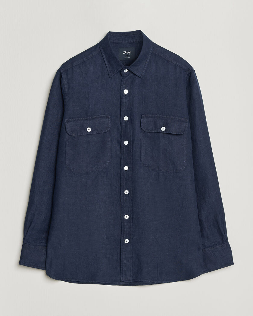 Drake's Linen Twill Deep Pocket Work Shirt Navy – Blau