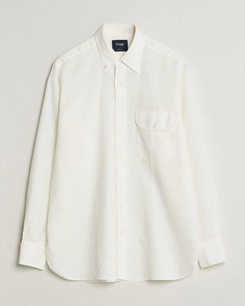 Drake's Linen Button Down Curved Pocket Shirt White – Weiß