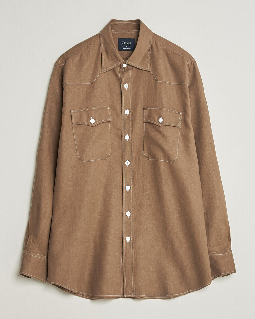 Drake's Solid Linen Western Shirt Brown – Braun