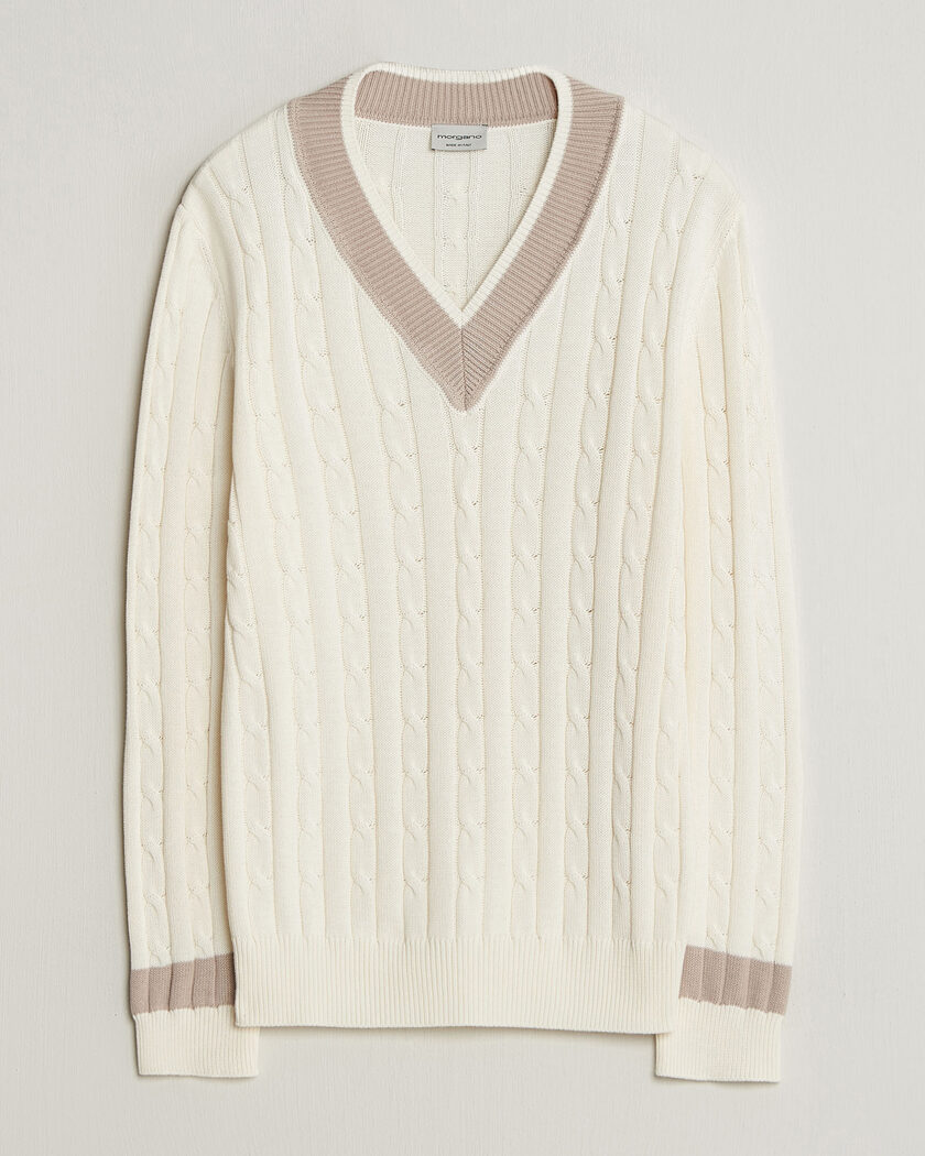 Morgano Cable Knitted Cotton V-Neck White/Beige – Weiß
