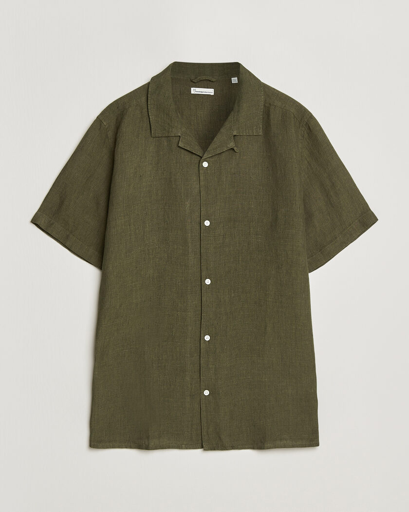 KnowledgeCotton Apparel Short Sleeve Linen Resort Shirt Burnt Olive – Grün