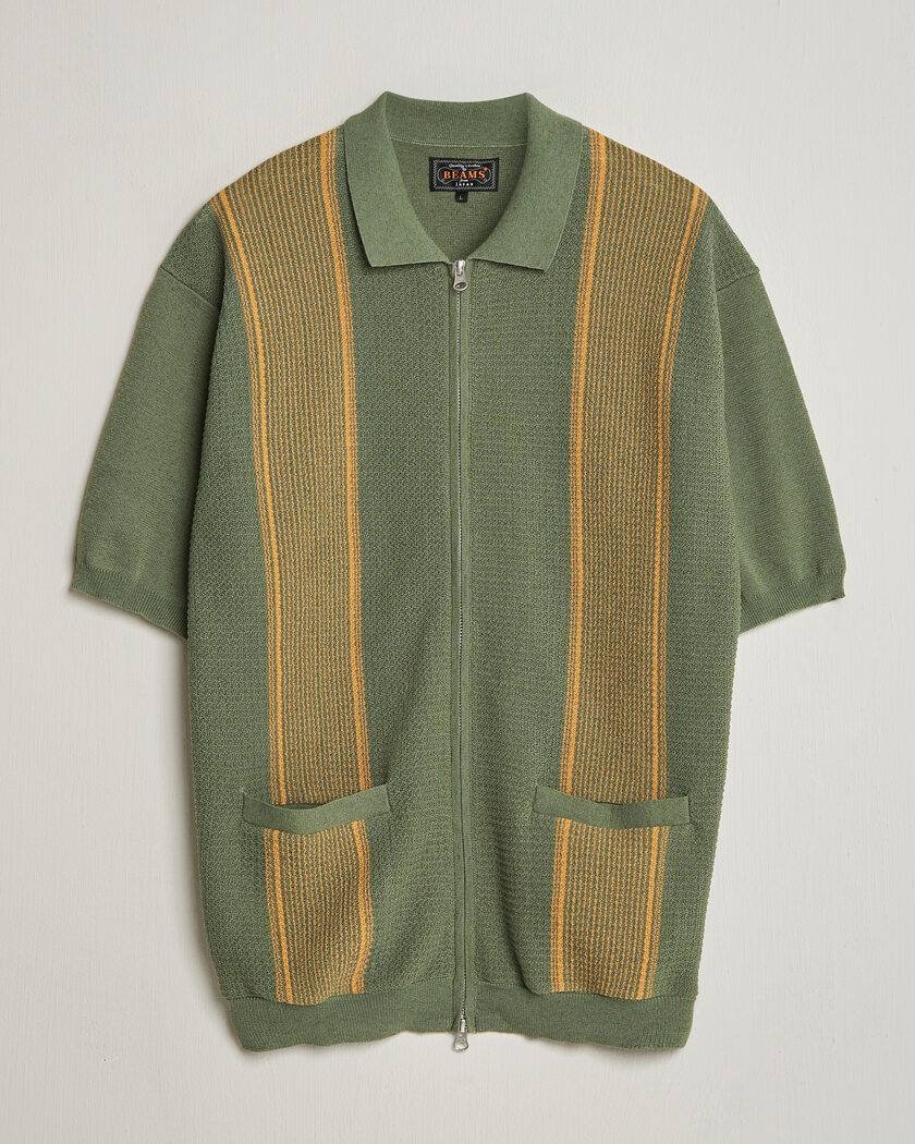 BEAMS PLUS Zip Knit Striped Polo Olive – Grün