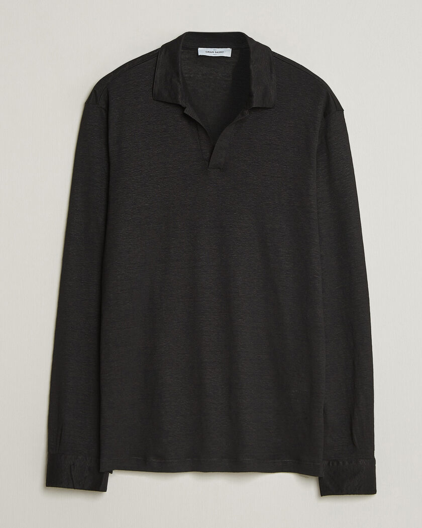 Gran Sasso Washed Linen Long Sleeve Polo Black – Schwarz