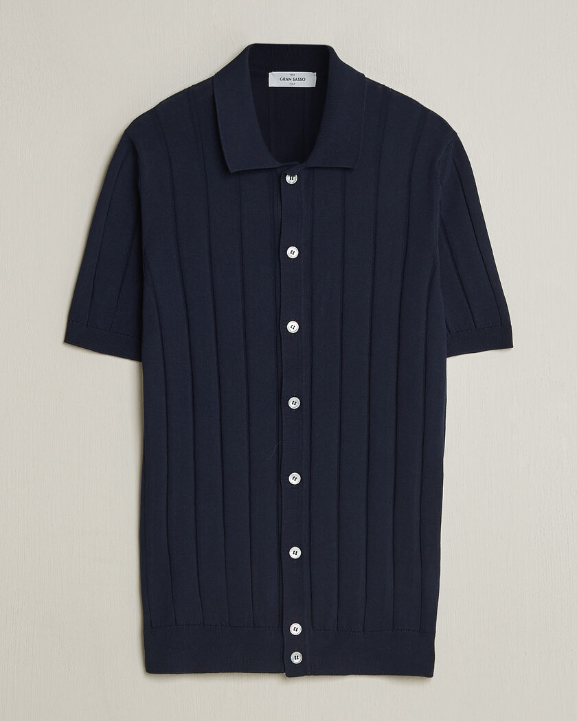 Gran Sasso Cotton Ribbed Knitted Resort Shirt Navy – Blau