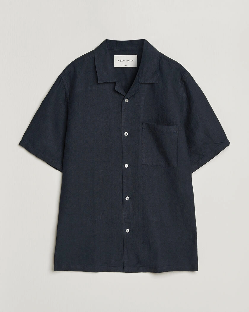 A Day's March Yamu Linen Short Sleeve Shirt Navy – Blau