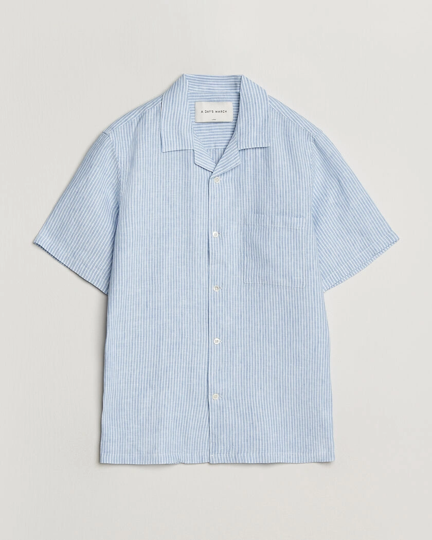 A Day's March Yamu Striped Linen Short Sleeve Shirt Light Blue – Blau