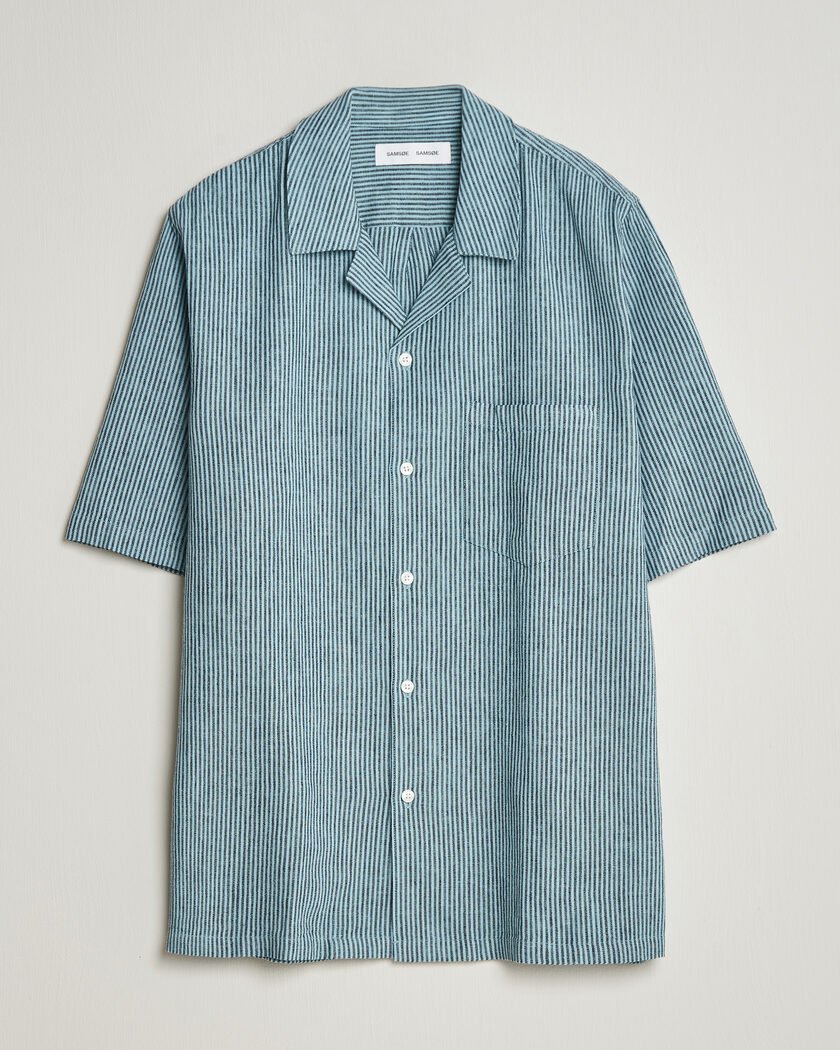Samsøe Samsøe Oscar Linen/Cotton Striped Short Sleeve Shirt Tourmaline – Blau