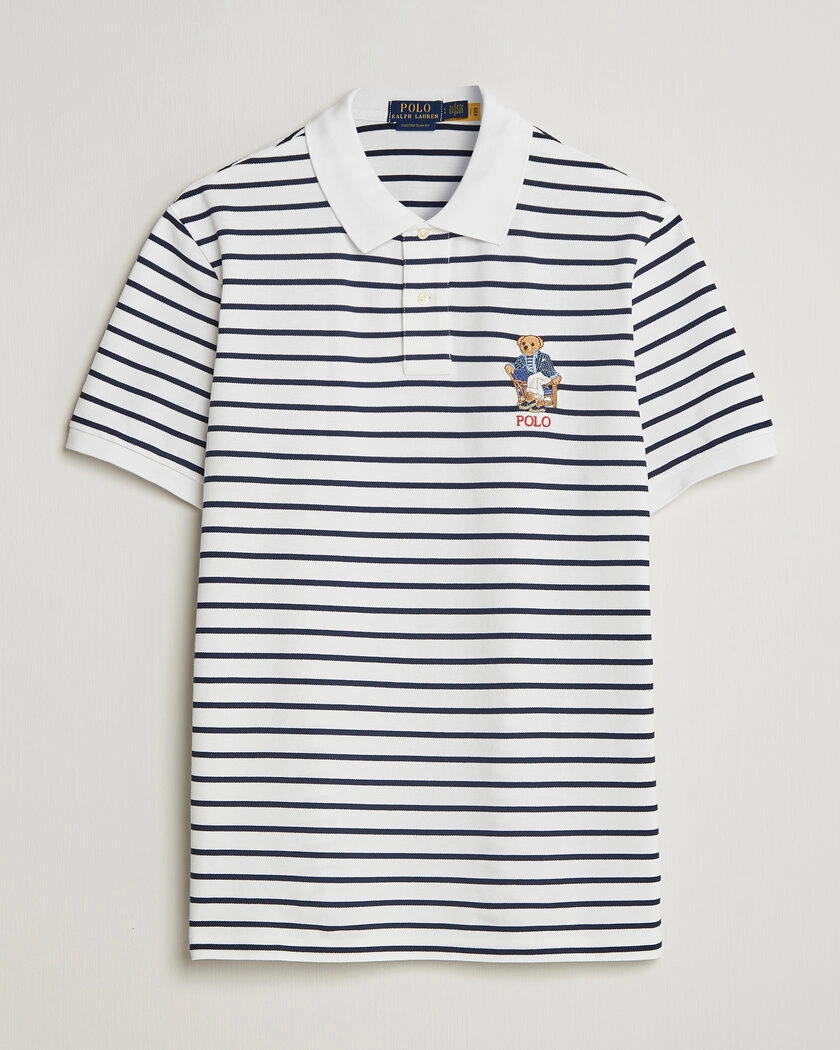 Polo Ralph Lauren Newport Bear Striped Custom Slim Polo White/Navy – Blau