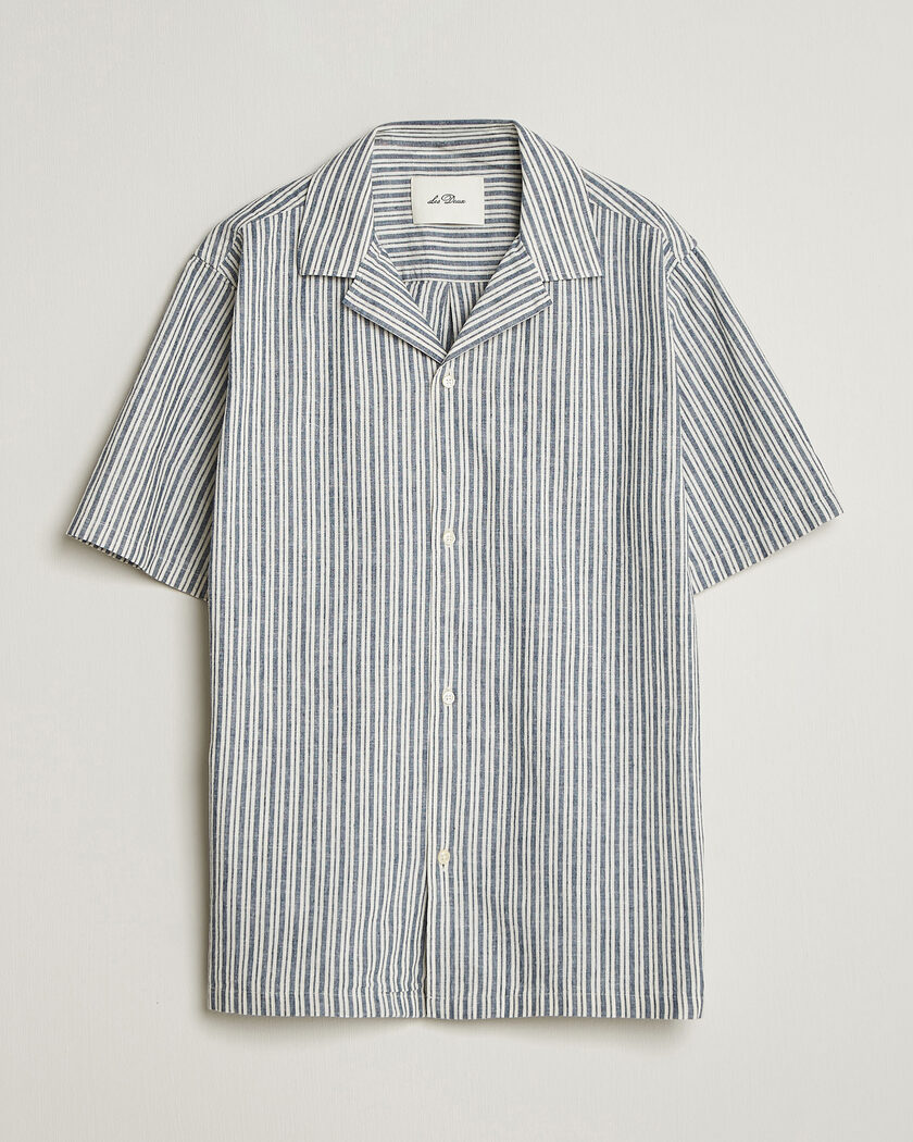 LES DEUX Stripe Cotton/Linen Short Sleeve Shirt Dark Blue – Blau