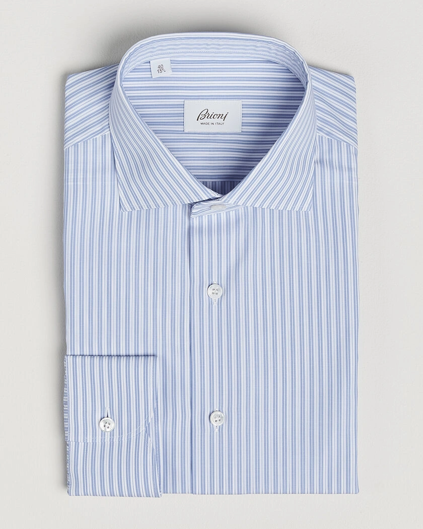 Brioni Poplin Cotton Dress Shirt Light Blue Stripe – Blau