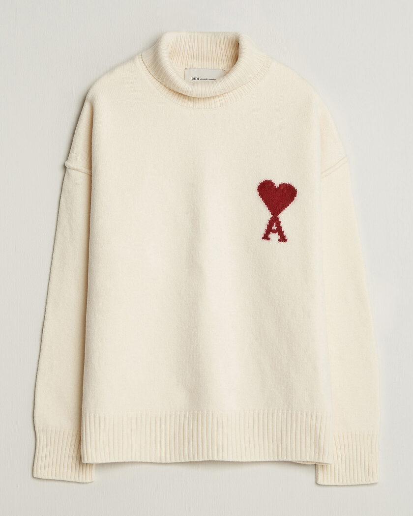 AMI Big Heart Logo Wool Knitted Polo Ecru – Weiß