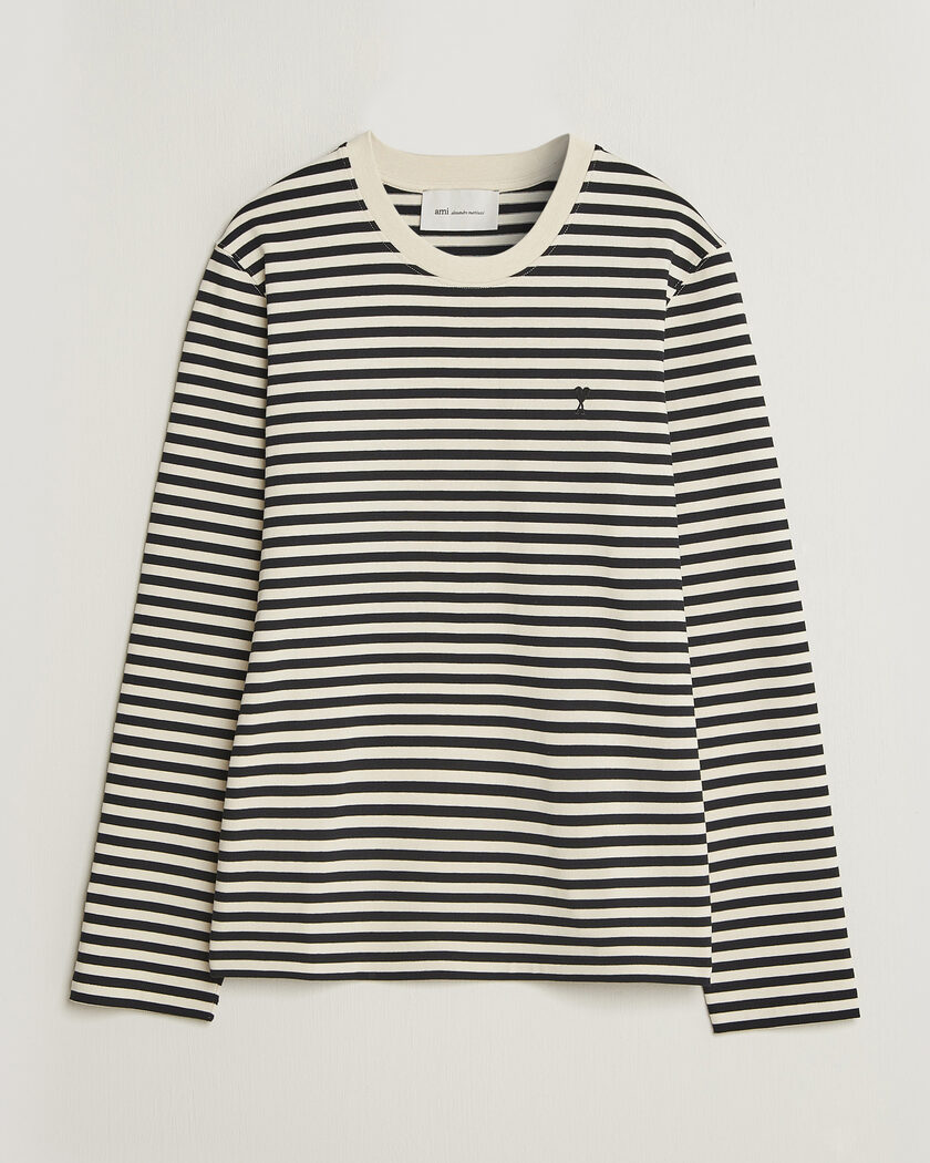 AMI Black Heart Logo Striped Long Sleeve T-Shirt Black/Ivory – Schwarz