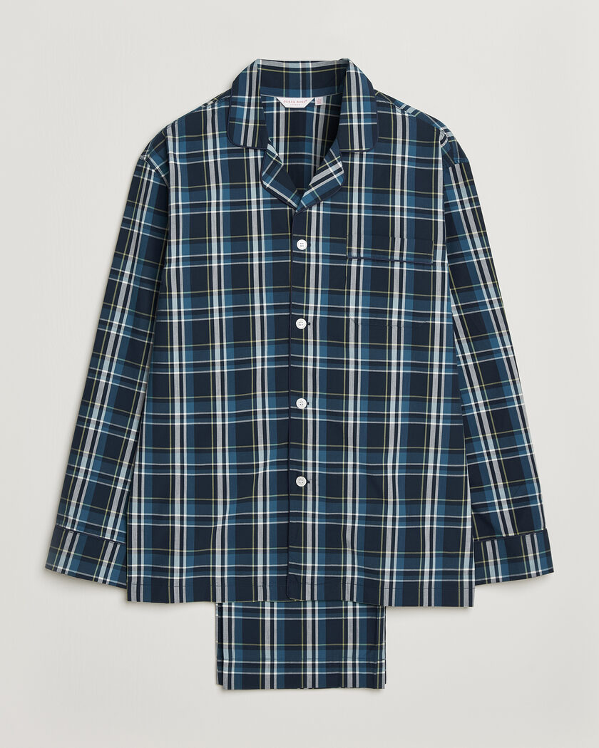 Derek Rose Piped Checked Cotton Pyjama Set Navy – Blau
