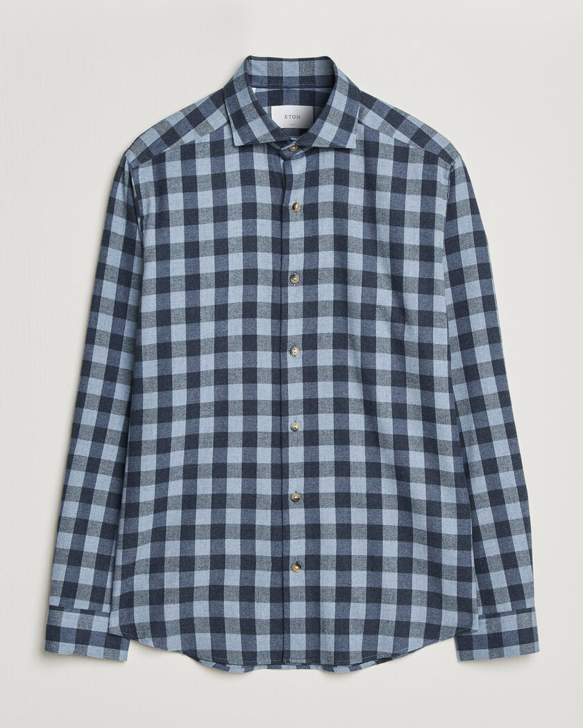 Eton Casual Fit Checked Flannel Shirt Mid Blue – Blau