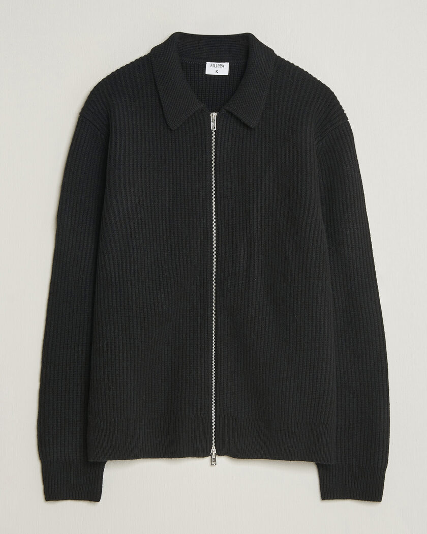 Filippa K Ribbed Wool Knitted Full Zip Black – Schwarz