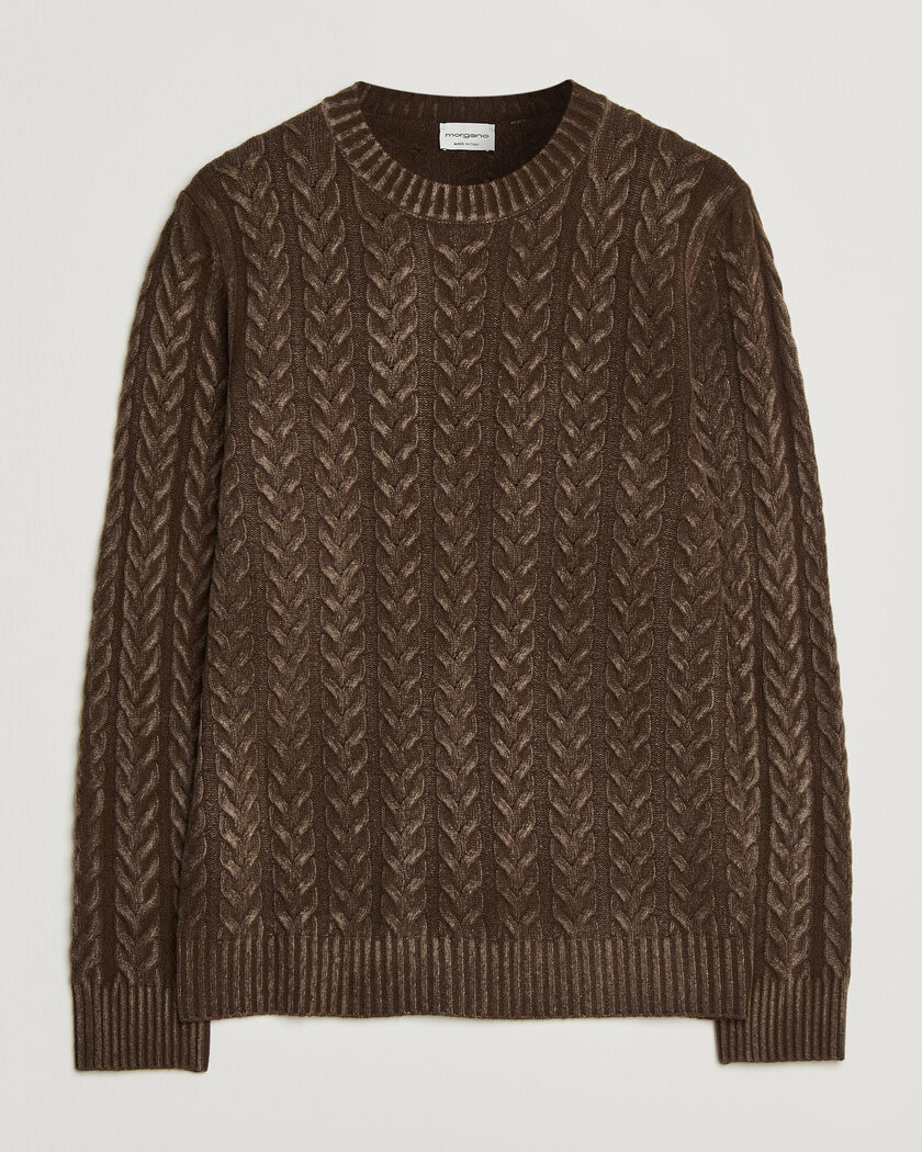 Morgano Cable Knitted Brushed Dyed Wool Crew Brown – Braun