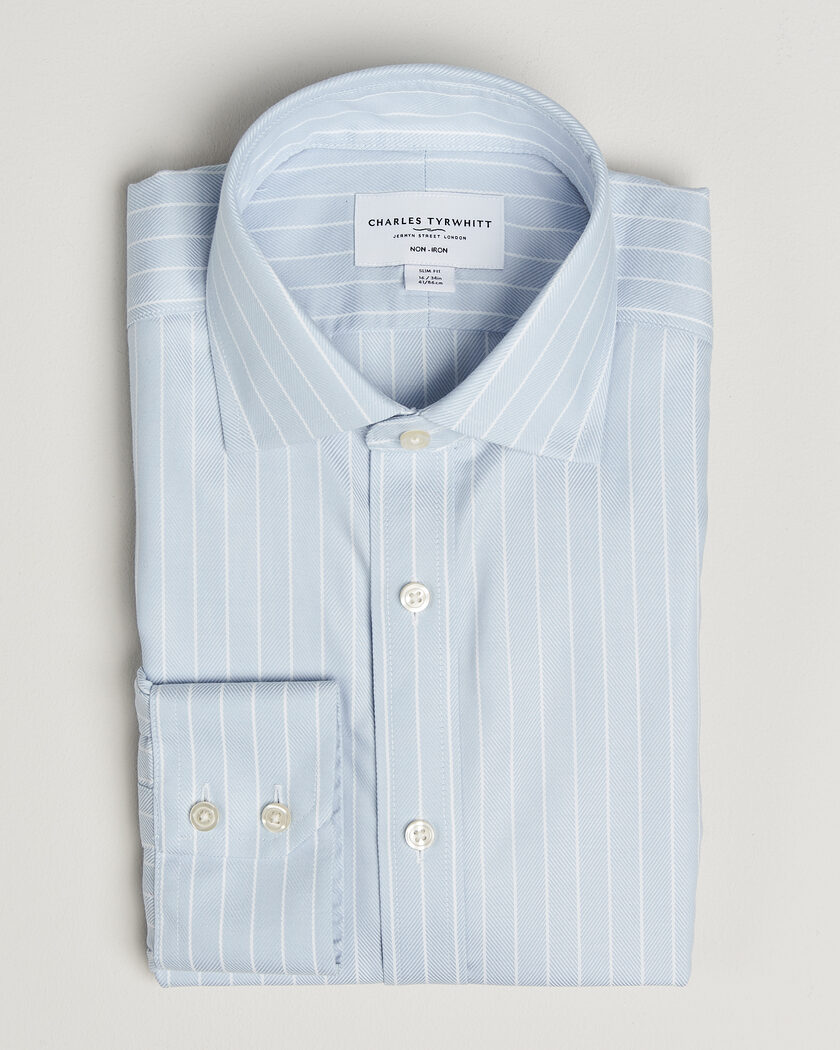 Charles Tyrwhitt Slim Fit Non Iron Herringbone Stripe Shirt Light Blue – Blau