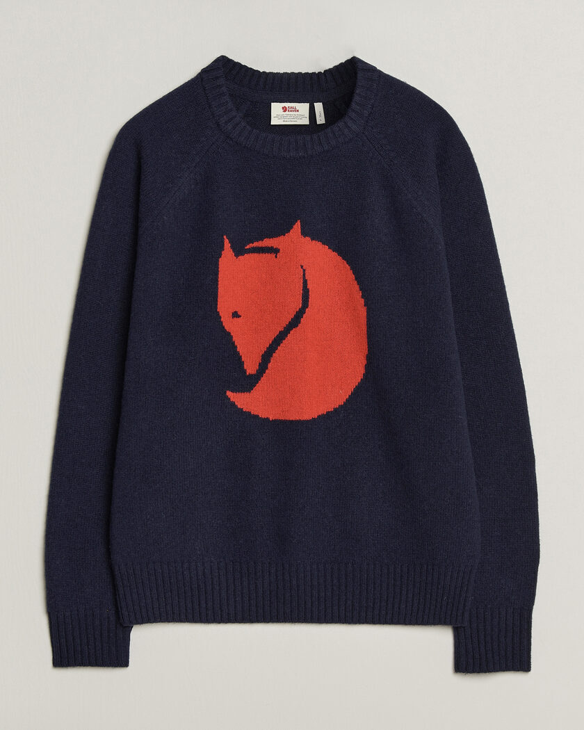 Fjällräven Logo Knit Wool Sweater Dark Navy – Blau