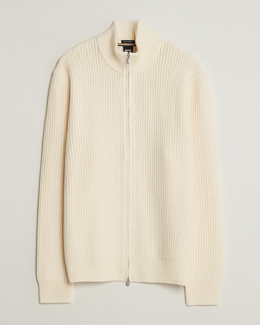 BOSS BLACK Fiocco Wool/Cashmere Full Zip Open White – Weiß