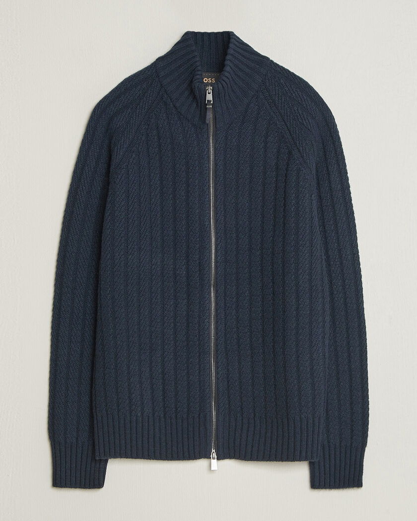 BOSS CAMEL Filane Cashmere Knitted Full Zip Dark Blue – Blau