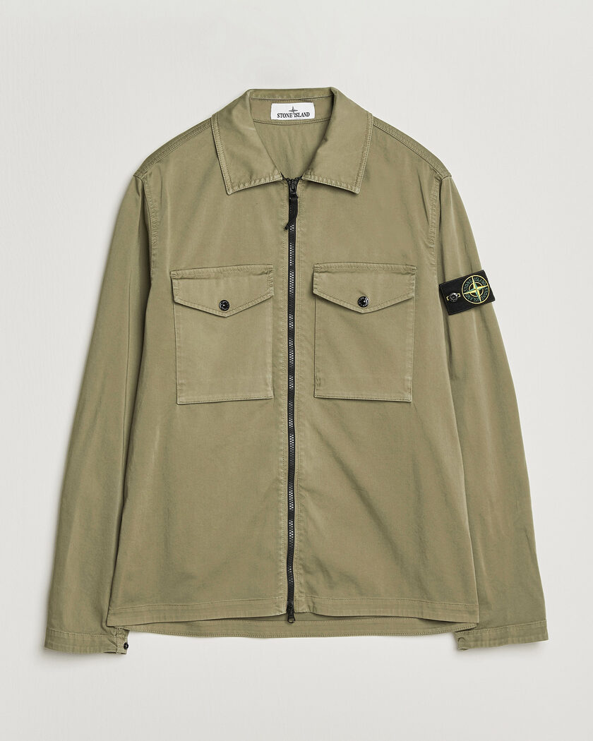 Stone Island Organic Cotton Satin Stretch Zip Overshirt Miltary Green – Grün