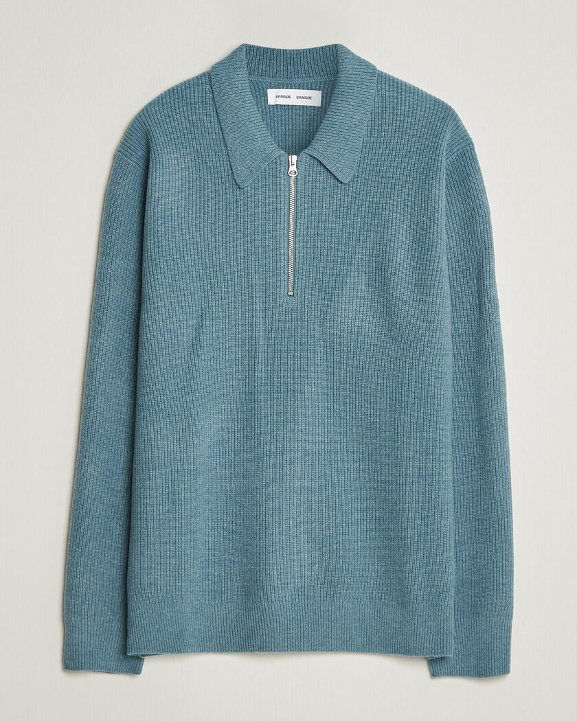 Samsøe Samsøe Isak Knitted Half Zip Polo Stormy Sea – Blau