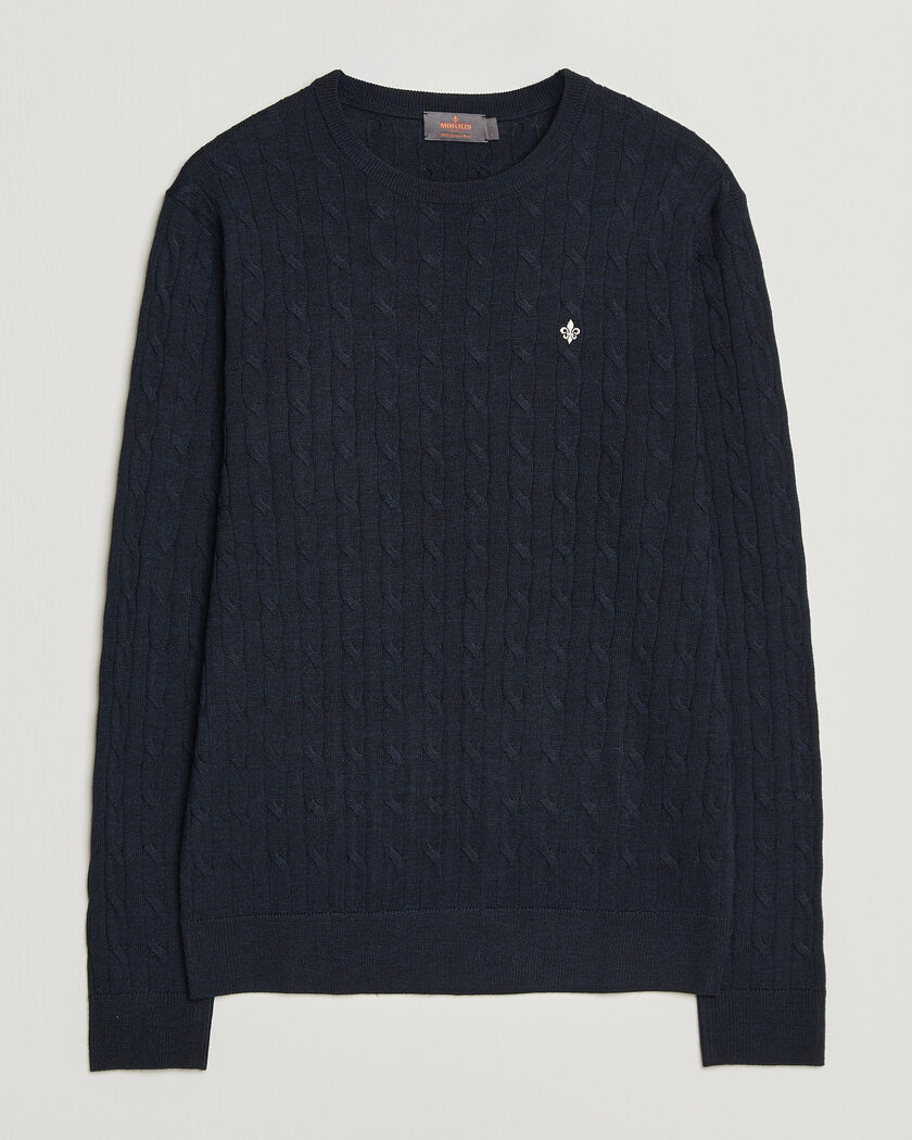 Morris Merino Cable O-Neck Navy – Blau