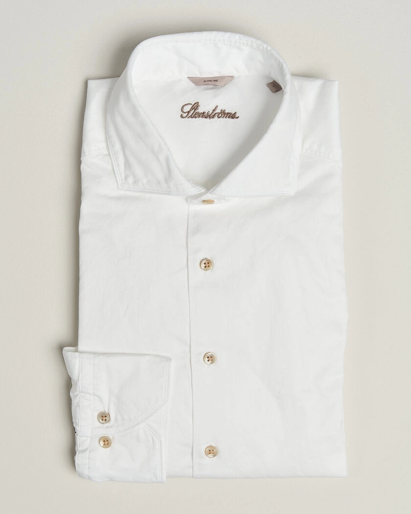 Stenströms Slimline Washed Cotton Twill Cut Away Shirt White – Weiß