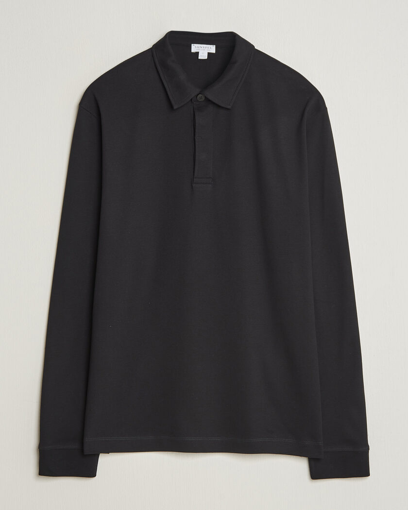 Sunspel Heavy Weight Supima Cotton Long Sleeve Polo Black – Schwarz