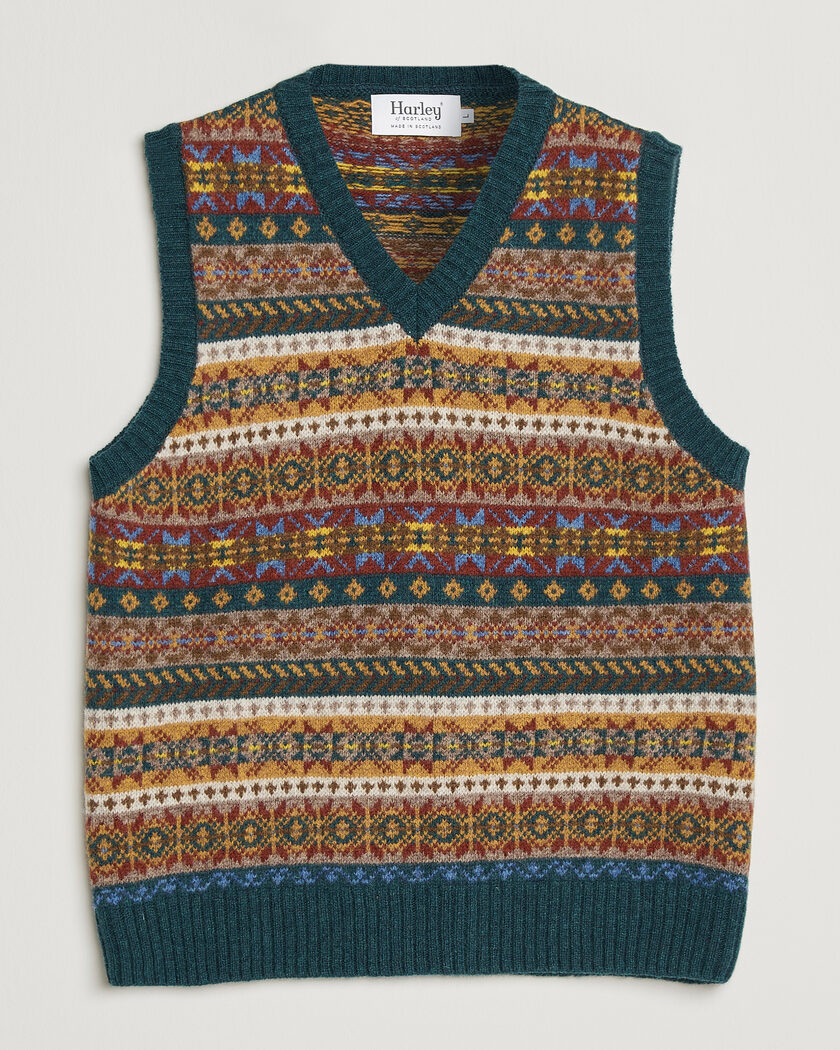 Harley Of Scotland Supersoft 2ply Lambswool Fairisle Vest Tempest – Grün