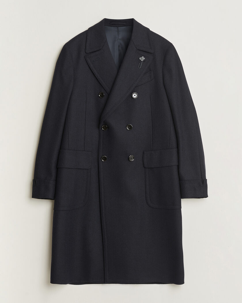 Lardini Ulster Wool/Cashmere Tonal Herringbone Coat Navy – Blau