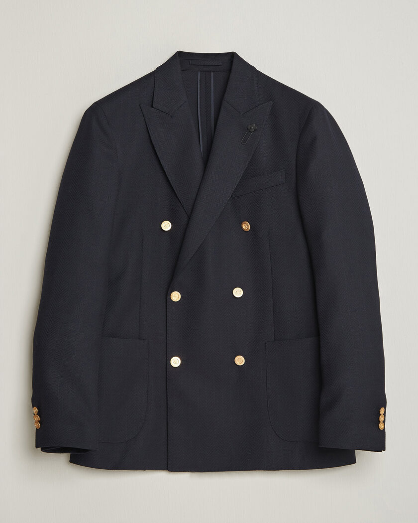 Lardini Double Breasted Herringbone Wool Blazer Navy – Blau